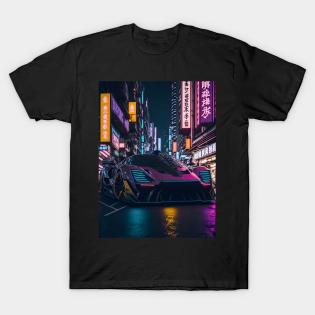 Dark Neon Sports Car in Japanese Neon City T-Shirt by star trek fanart and more